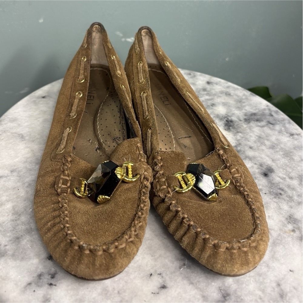 VANELi Brown Suede Moccasin Flats Women's 8.5M Gem Gold Hardware Accents